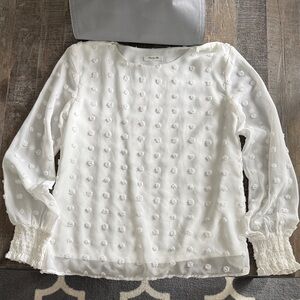 Blooming Jelly Chiffon Blouse Elegant Lantern LS Round Neck Pom Pom White Size S